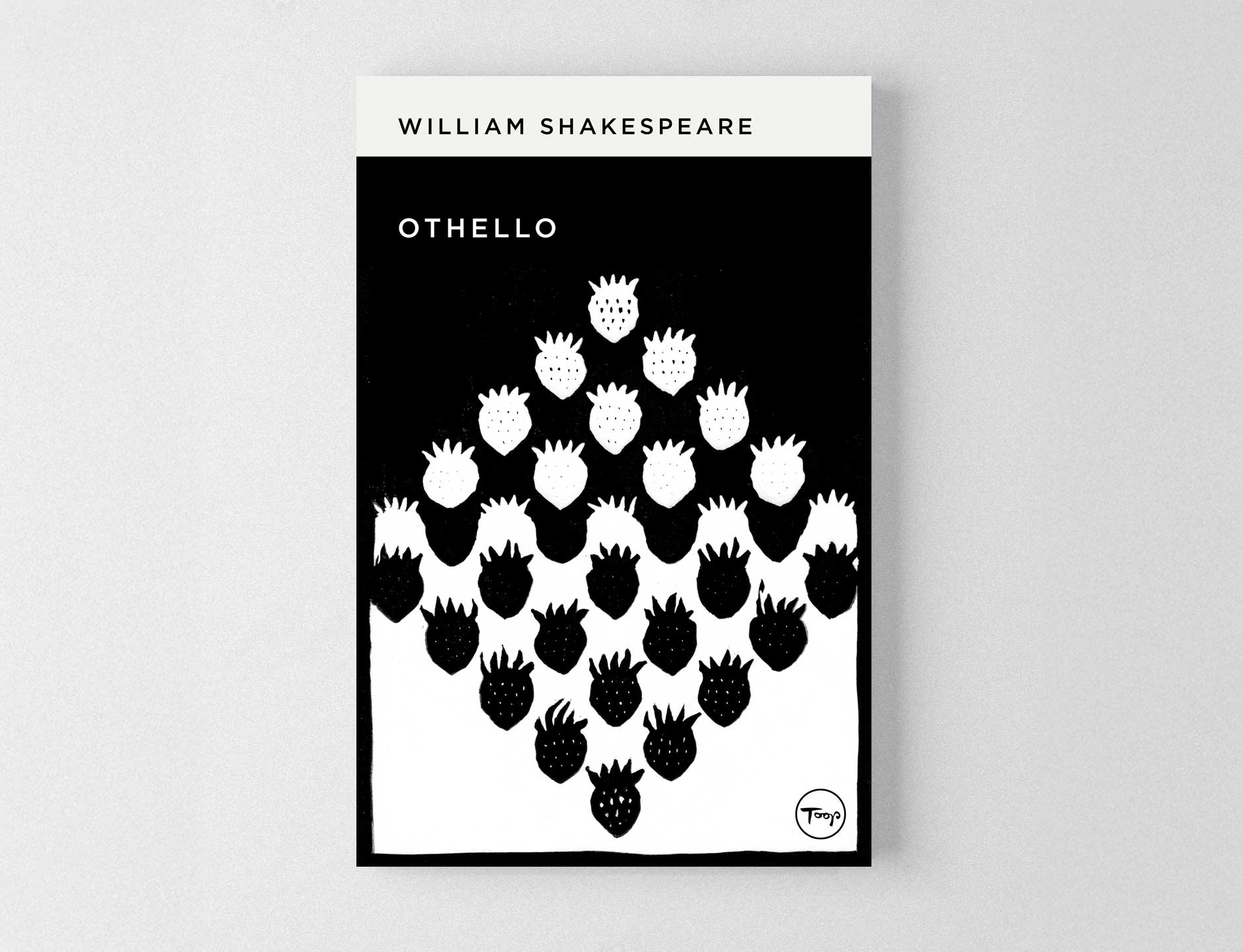 Book Cover Design - William Shakespeare - Othello - the cover image shows a woodcut/linocut design in black and white of strawberries in a diamond formation, half of them are white and half black.