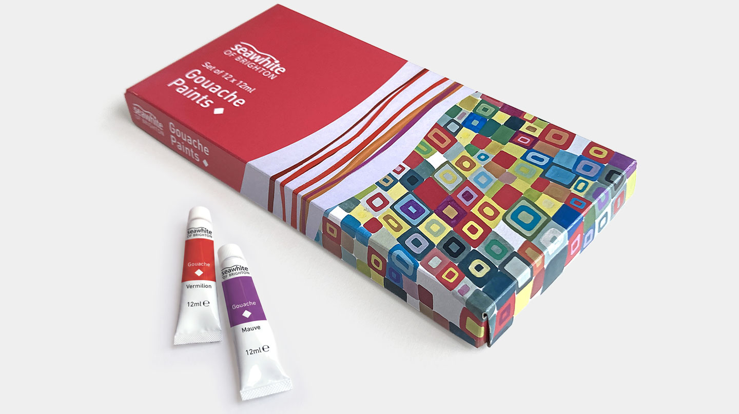 A 3D perspective product mockup displaying a vibrant red paint packaging design for Seawhite Gouache Paints based on Sophie Taeuber-Arp's geometric art, shown alongside two individual squeeze tubes.