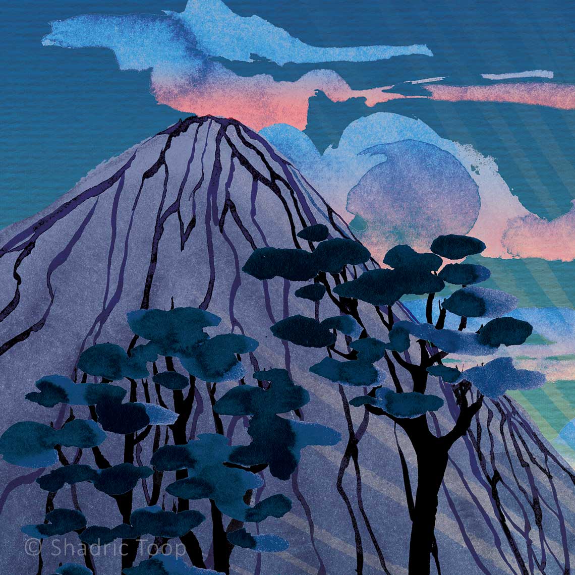 Close-up detail of mountainous landscape from the Grange Park Opera 2026 Das Rheingold cover illustration by Shadric Toop.