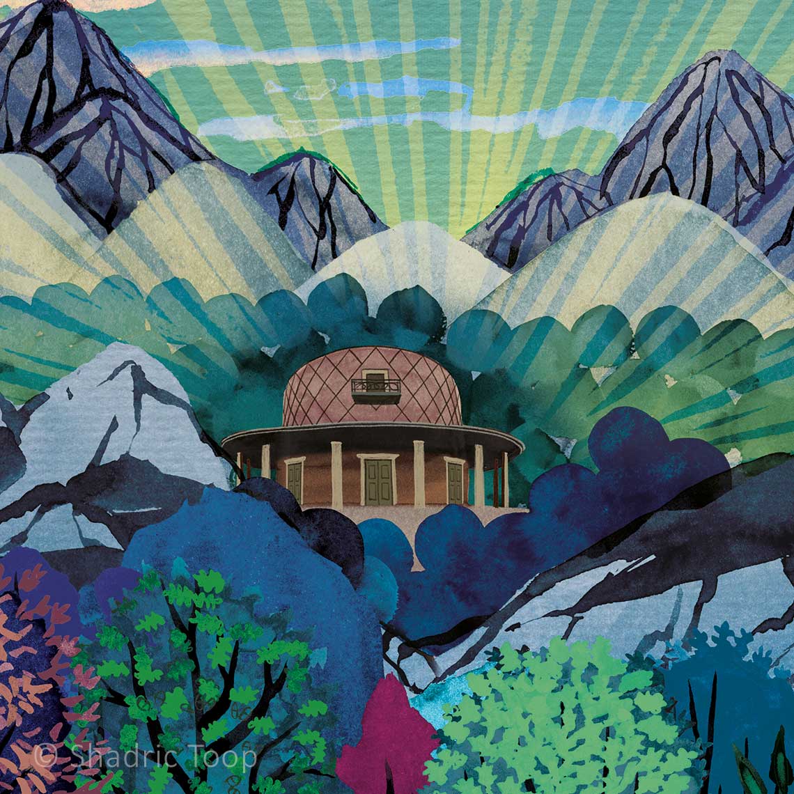 Detail of the Grange Park Opera House depicted as Valhalla in the 2026 Ring Cycle cover illustration, glowing within a mountainous landscape.