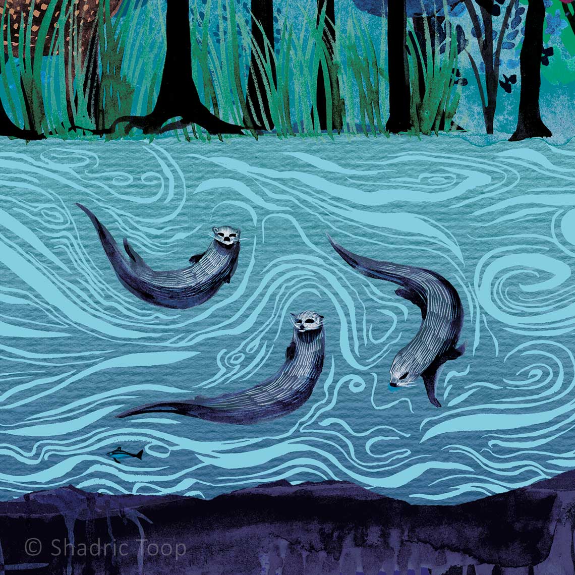 Otters in the river representing the Rhine Maidens in the Grange Park Opera 2026 Das Rheingold illustration.