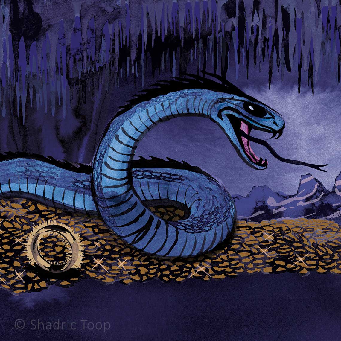 Serpent representing Alberich in the cave of Nibelheim within the Grange Park Opera 2026 Ring Cycle illustration.