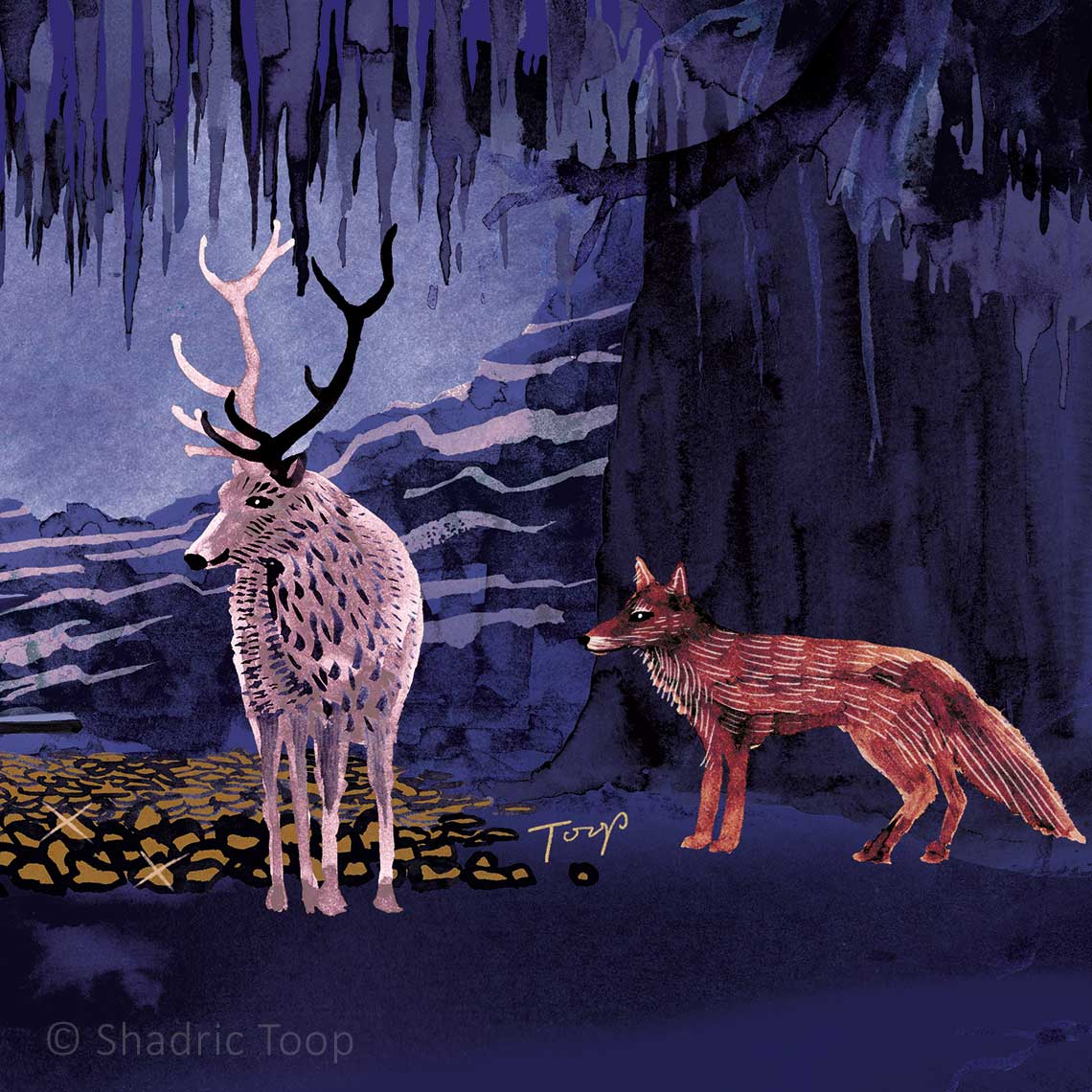 Stag and fox representing Wotan and Loge in the Nibelheim section of the Grange Park Opera 2026 Das Rheingold illustration.