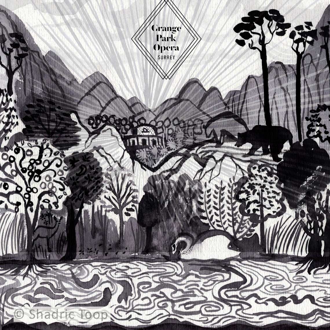 Black and white concept sketch for the Grange Park Opera 2026 Ring Cycle cover showing full composition layout including landscape, river, trees and animal placements.