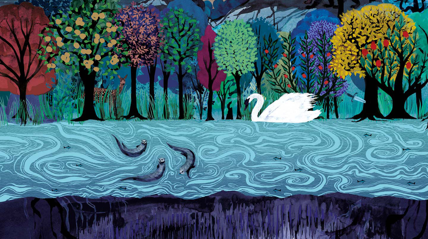 Detail of Hero Illustration for Grange Park Opera 2026 showing the artwork for Das Rheingold with colourful trees a river and a swan by Shadric Toop.